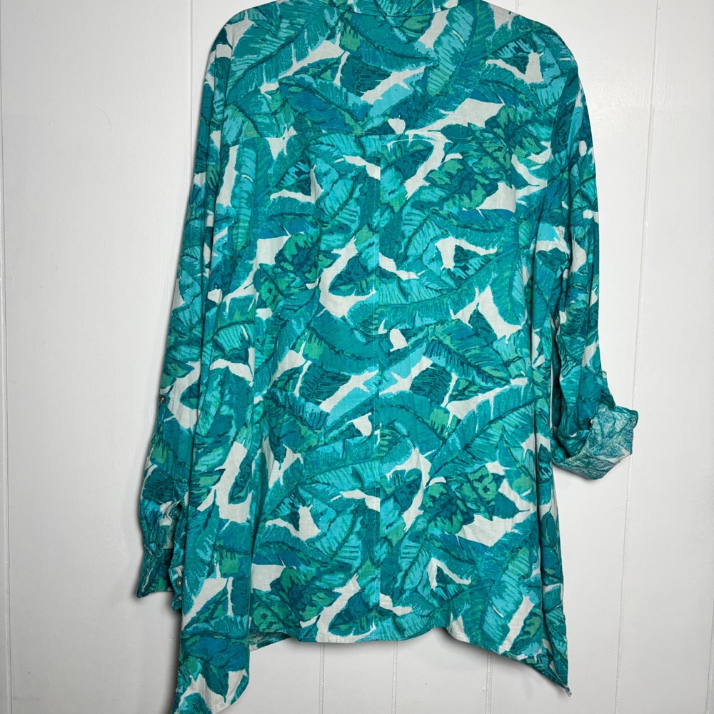 Coastal Teal Tropical Palm Leaf Linen Blend Roll Tab Button Up Shirt Sz XL - Picture 2 of 8